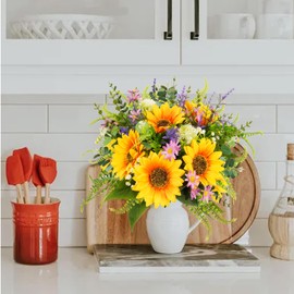 HUAESIN Artificial Flowers Faux Sunflower Bouquets Spring Fake Wildflowers Summer Silk Sunflowers Floral Arrangements for Home Kitchen Office Table Centerpieces Wedding Party Cemetery Flowers