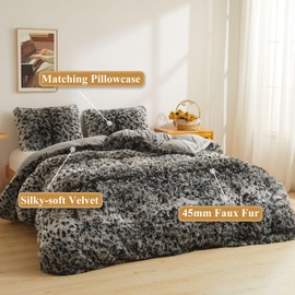 XeGe Leopard Print Fluffy Faux Fur Duvet Cover Set, 3 Pieces Soft Plush Shaggy Fuzzy Bedding Set(1 Faux Fur Cheetah Print Comforter Cover + 2 Furry Pillowcases), Zipper Closure(Queen, Grey)