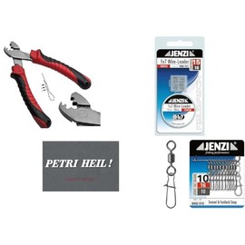 Leader Set 1 x Steel Leader 15 kg, 10 m Sheathed, 20 Crimp Sleeves, 10 Carabiner with Swivel Clamp Sleeve Pliers and Petri Heil! Sticker