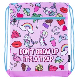 Fringoo - Kids Drawstring Bag - Front Zipped Pocket - Large Capacity Drawstring Bag - PE Bag - School - Gym - Swim - Doodle Pink Design