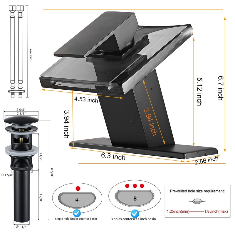Bathroom Black Faucet Waterfall LED Glass Spout with Overflow Drain