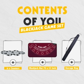 iEsstros Blackjack Mat 70" x 35" Blackjack Table Top Mat 21 Black Jack Mat for Casino Table Rubber Poker Mat with Storage Bag 6 Coasters for Casino Games -Red