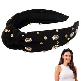 CAVETEE Football Headband for Women, Wide Rhinestone Pearl Football Embellished Knotted Headband, Top Knot Hairband Headpiece Game Day Sports for Football Sports Fan Gifts (Black)