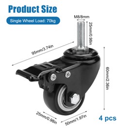 Pack of 4 50 mm Furniture Castors Thread M8 with Brake, Castors with Thread M8 x 25 mm Heavy Duty Castors with Brake, Wheels for Furniture 360° Rotation, Silent Swivel Castors with Thread, Weight per