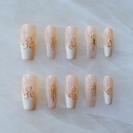 GLORS Handmade Press On Nails, Long Ballerina Shape, Pink and White Shell Design, 10 Pieces (S,LB)