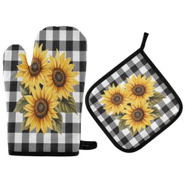 Sunflower Black White Buffalo Plaid Oven Mitts and Pot Holders Yellow Floral Lumberjack Check Cooking Gloves Kitchen Trivet Mats 2-Piece Set Non-Slip Heat Resistant Pad for Baking BBQ Home Decor