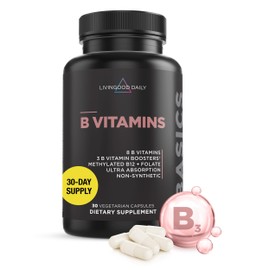 Livingood Daily Vitamin B Complex Capsules for Men and Women, Methylated B12 & Folate, 11 Active Forms Including B1 B2 B3 B5 B6 & Biotin, Gluten Free, Vegan B Vitamins for Hair Skin Nails, 30 Capsules