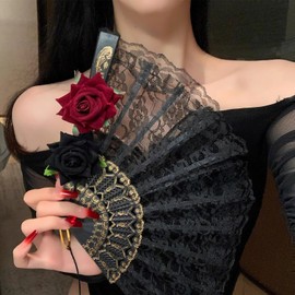 OhMill Black Hand Fan Rose Lace Fan Spanish Fans Handheld for Women Vintage Hand Fan Silk Fans Bride Fan Foldable Fan