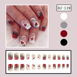 Valentines Press on Nails Short Square Fake Nails With Red Love Heart Black Stripe Designs Red Glitter French Tip False Nails Acrylic Artificial Stick on Nails for Women 24 Pcs
