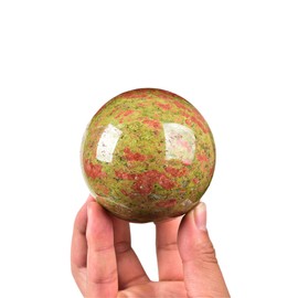 JIC Gem Healing Crystal Sphere Ball with Wood Stand Natural Unakite Rock Gemstone Sphere Crystal Orbs for Meditation Grid Decor (80-90mm)