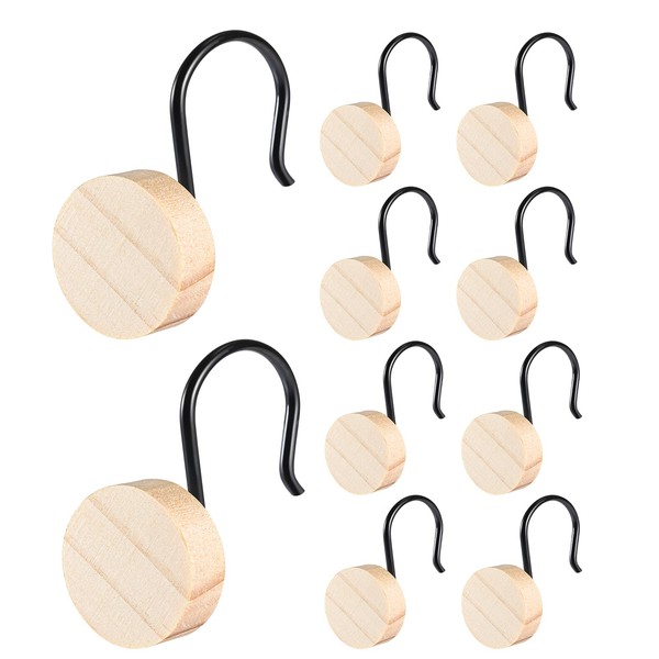Akimomaty Walnut Wood Shower Curtain Hooks, Black Metal Shower Curtain