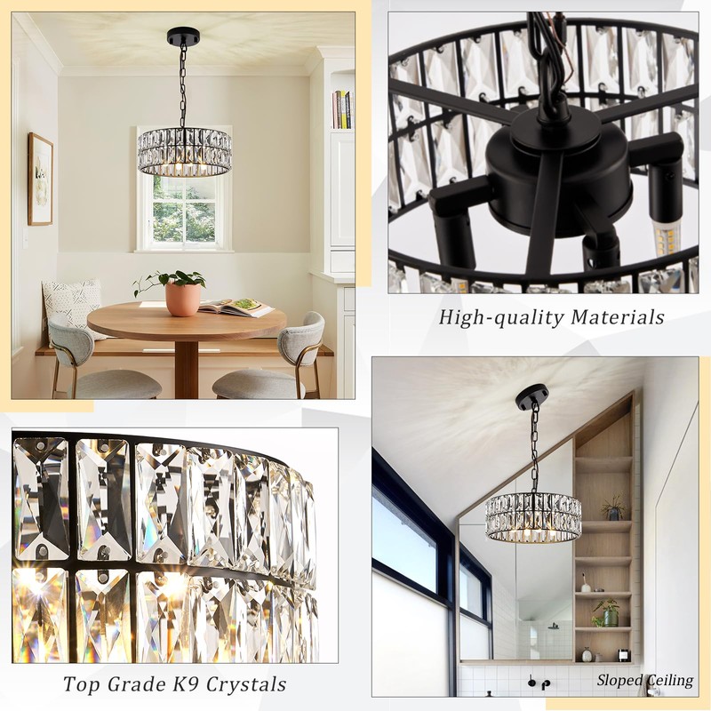 CATINER Crystal Pendant Light 4-Light Modern Black Chandelier Small 12”