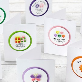 Katy Sue Miniature Sentiments Quilling & Card Making Kit (Makes 8 Cards) - Contains 8 Aperture Cards, 160 x 3mm Quilling Strips, 8 Envelopes, Instruction Book, 8 Printed Die Cut Sentiment Discs.