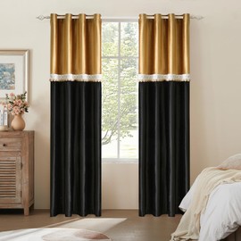 GIGIZAZA Boho 108 Inches Long Curtains 2 Panels for Living Room Gold Black Farmhouse Velvet Elegant Window Blackout Curtain Drapes Lace Pom Pom Embroidered Curtains