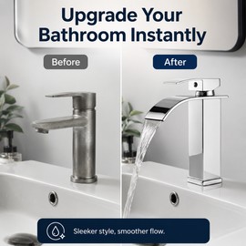 Waterfall Bathroom Faucet for Sink Basin – Hot & Cold Deck-Mount Mixer Tap with Modern Black Finish(Short)