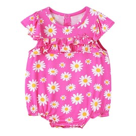 BambooBud Baby Girl Bodysuit Toddler Infant Girls Ruffle Sleeveless Jumpsuit Soft Summer Snap Outfit Bamboo Viscose, Daisy on Pink, 12-18Months