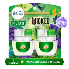 Febreze Plug In Air Freshener, "Wicked: For Good" Limited Edition Odor-Fighting Scented Oil Refill, Air Fresheners for Home and Bathroom and Kitchen, Long Lasting, Wonderfullest Woods, 2 Count