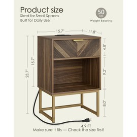 Apetaccat Nightstand with Charging Station, Boho Night Stand Wood Farmhouse Bedside Table with Storage, End Side Accent Table Walnut