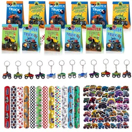Pack of 86 Monster Truck Birthday Party Bags, Racing Car Birthday Decoration, 12 Slap Bracelets, 50 Stickers, 12 Key Chains, 12 Gift Bags, for Boys Girls Monster Truck Party Gifts