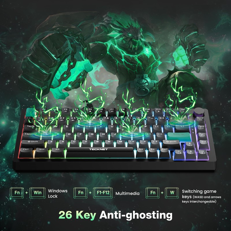 TECKNET Gaming Keyboard, 75% Wired Keyboard, RGB Backlit, 82-Keys with