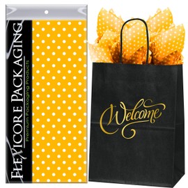 Flexicore Packaging Black Kraft Paper Welcome Bags & Tangerine Gift Wrap Tissue Paper | Size: 8 Inch X 4.75 Inch X 10.5 Inch | Count: 50 Bags | Color: Tangerine Orange Polka Dot