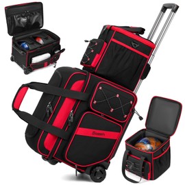 3 Ball Bowling Bag with Wheels, 2 Ball Bowling Bags Double Roller with 1 Ball Add On Bag, Multi-Pockets & Shoe Compartment (Fits Up to Size 15), Red