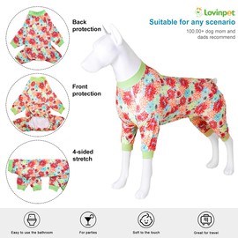 LovinPet Giant Dogs PJS Bodysuit - Anti Licking & Anxiety Calming Dog Shirt, Lightweight Stretchy Fabric, Watermelon & Flowers Print,Large Dog Pjs, Pitbull Clothes, Dog Party Costume,2XL