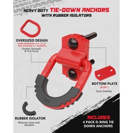 AMBULL D-Ring Tie Down Anchors with Rubber Isolators, 4 Pack Heavy Duty 10 Ton Capacity Carbon Steel, Bolt-On with Mounting Hardware, Zinc & Powder Coated for Trailer, Truck, Pickup, Garage-Red