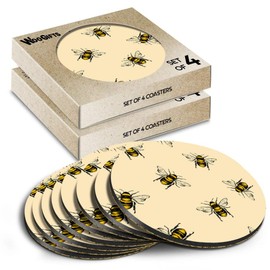 8 x Round Coasters - Honey Bee Pattern Vintage Style Cork Backed MDF Glossy Tea Coffee Accessory #51172