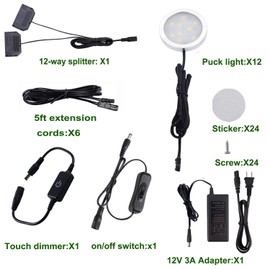 AIBOO LED Under Cabinet Lighting, 12V Under Counter Lights, Touch Dimming Puck Lights, Hardwired or Plug in with UL Listed Adapter, Updated Home Light, Accent Lights 24W (12 Lights Warm White)