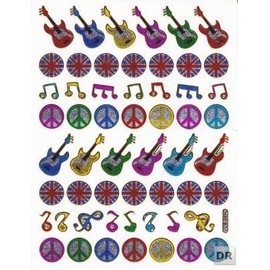 Guitar Music Notes Colourful Stickers 55 Pieces 1 Sheet 135 mm x 100 mm Sticker Craft Children Party Metallic Look