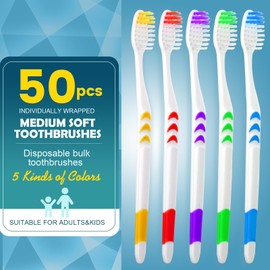 Navona 50 PCS Individually Wrapped Bulk Toothbrushes, Colorful Manual Disposable Toothbrushes for Adults or Kids, Ergonomics Handle, Medium Soft Bristles, Perfect for Travel, Hotel, Donation