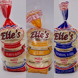 Mixed Case of Elie's Bagels 6 packs per case 4 bagels per pack- 8 Plain, 8 Everything & 8 Sesame-24 total Bagels.