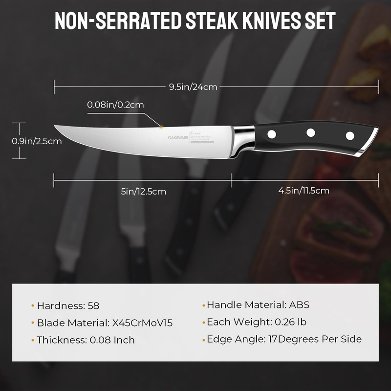 OAKSWARE Steak Knives, Non Serrated Steak Knife Set of 4,