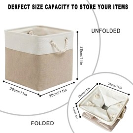 Fabric Cube Storage Boxes, 28cm Collapsible Baskets, for Room Wardrobe Cupboard Shelves Organiser Unit Box, for Storage Gift Towel Clothes, Small Toy Organizer Decorative Basket ( Beige White )