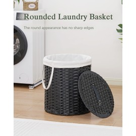 SETVSON Laundry Hamper with Lid Wicker Laundry Hamper Round 26.5 Gal (100 L) Laundry Basket Handwoven Rattan Laundry Basket with Removable Bag Handles 2 Mesh Bags for Living Room Bedroom Black