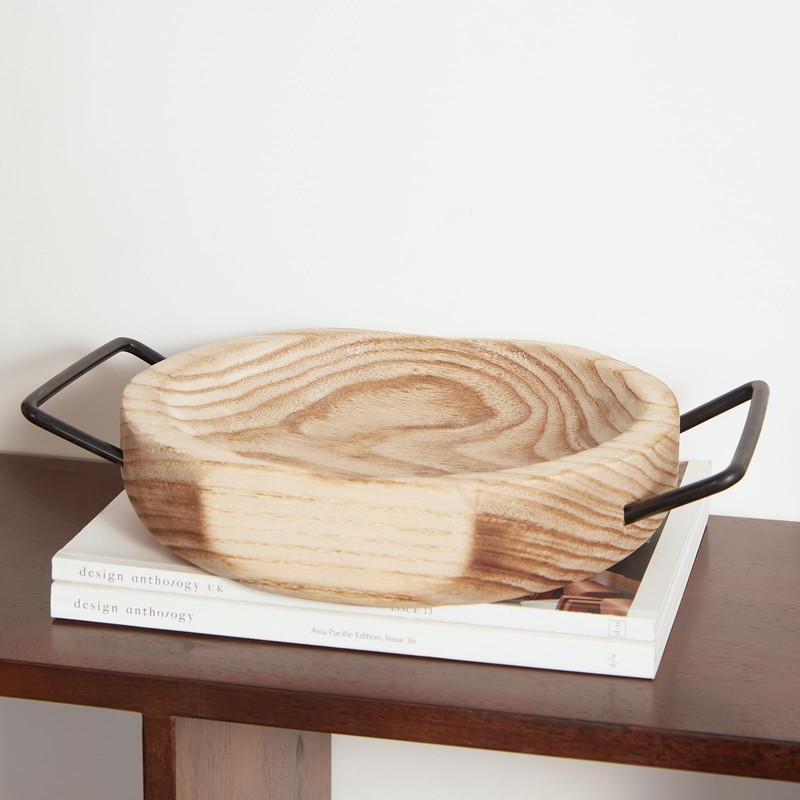 DN DECONATION Round Wooden Dough Bowl with Metal Handles for