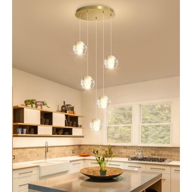 HAIXIANG 5 Lights Globe Chandelier Modern Crystal Glam Light LED Warm Light Pendant Lights for Dining Room Kitchen Island Antique Gold Lighting Fixture