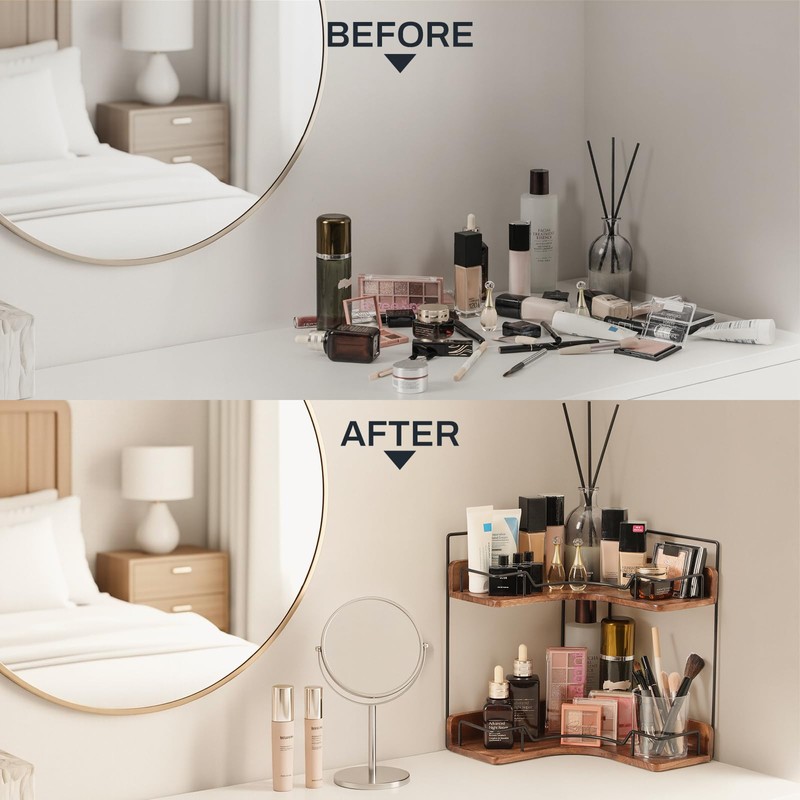 Snuvid 2-Tier Bathroom Counter Organizer, Wooden Corner Shelf for Vanity