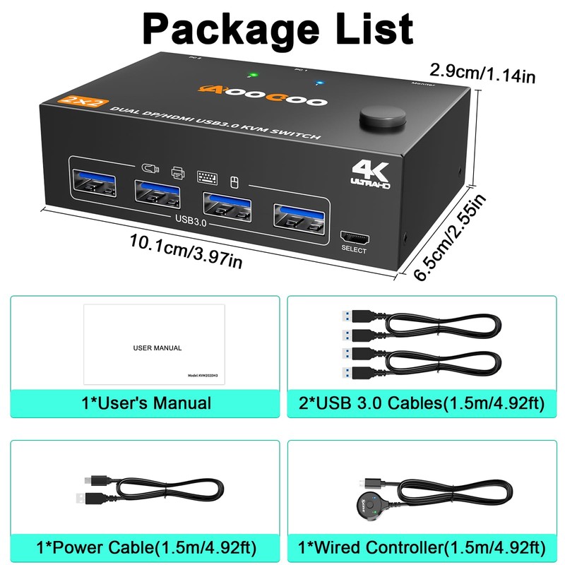 KVM Switch 2 Monitors 2 Computers 4K@60Hz,DP+HDMI USB3.0 Dual Monitor