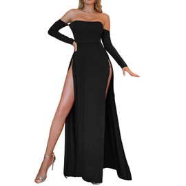GORGLITTER Women's Fall Off Shoulder Bodycon Maxi Dress High Slit Long Sleeve Club A Line Long Dresses Black X-Large