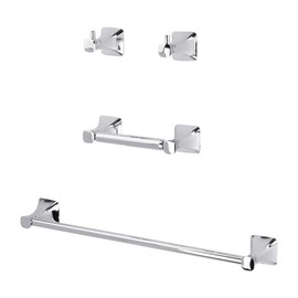 JS Jackson Supplies 4 Piece Soft Square Bathroom Hardware Kit - Includes 18" Towel Bar, Toilet Paper Holder, and Robe Hooks, Wall Mounted Stainless Steel Bathware Accessory Set, Chrome Finish