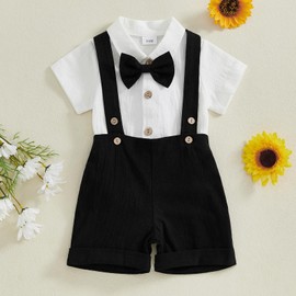 GOOCHEER Newborn Baby Boy Gentleman Outfit Suit Short Sleeve Bowtie Romper Jumpsuit Suspender Shorts Set Summer Dress Clothes (Black, 9-12 Months)