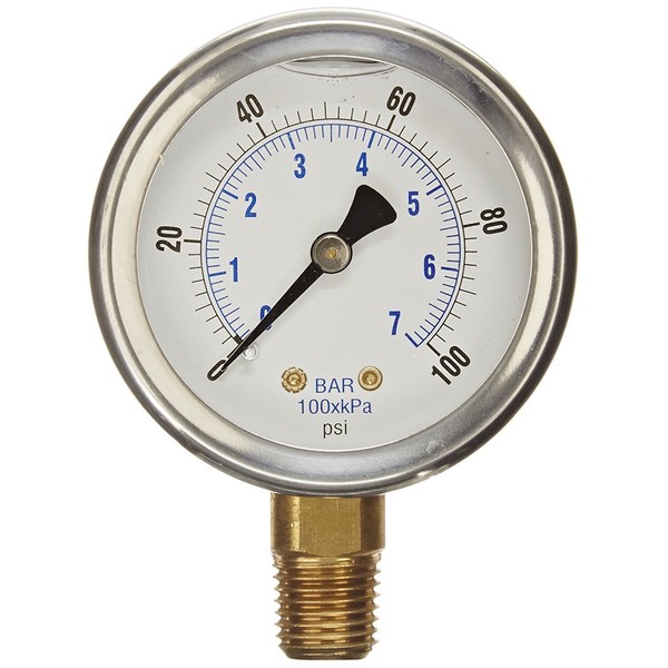 New Stainless Steel Liquid Filled Pressure GAUGE WOG Water Oil Gas 0 to 100 PSI Lower Mount 0-100 PSI 1/4" NPT 2.5" FACE DIAL for Compressor Hydraulic AIR Tank