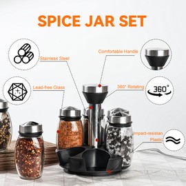 Mlici 6PC Spinning Glass Spice Jars - 360° Rotating Spice Rack Organizer with Jars, Stainless Steel Revolving Seasoning Holder Jars for Countertop Cabinet Kitchen Spices Cruets