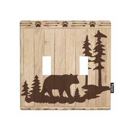Pznen Wild Bear 2 Gang Wall Plate Bear and Cabin Wooden Rustic Double Toggle Light Switch Cover Electrical Switchplate Decorative Faceplate Standard Size Home Decor