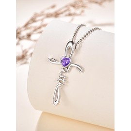 TANGPOET February Birthstone Amethyst Faith Cross Necklace Jewellery for Women Girls 925 Sterling Silver Cross Pendant Christian Gifts for Birthday Mother's Day Christmas Baptism Confirmation