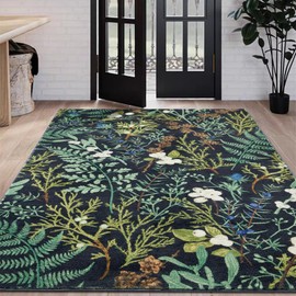Aldopein Ultra Thin Vintage Floral Rug 4x6 Washable Non Slip, Cute Cottagecore Boho Botanical Bedroom Rugs, Stain Resistant Moody Black Red Area Rugs Indoor Carpet for Living Room Kitchen Entryway