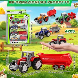 LTFIOON Set di 4 Trattori Giocattolo con Rimorchio, Trattori Miniaturizzati per Bambini da 3 Anni – Modelli Colorati con Rimorchio Amovibile, Regalo Compleanno per Bambini e Bambine