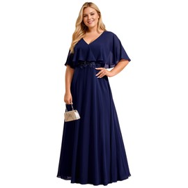 Ever-Pretty Plus Women's Ball Gown V-Neck A Line Chiffon Applique Shawl Short Sleeves Maxi Plus Size Formal Dresses Navy Blue US18